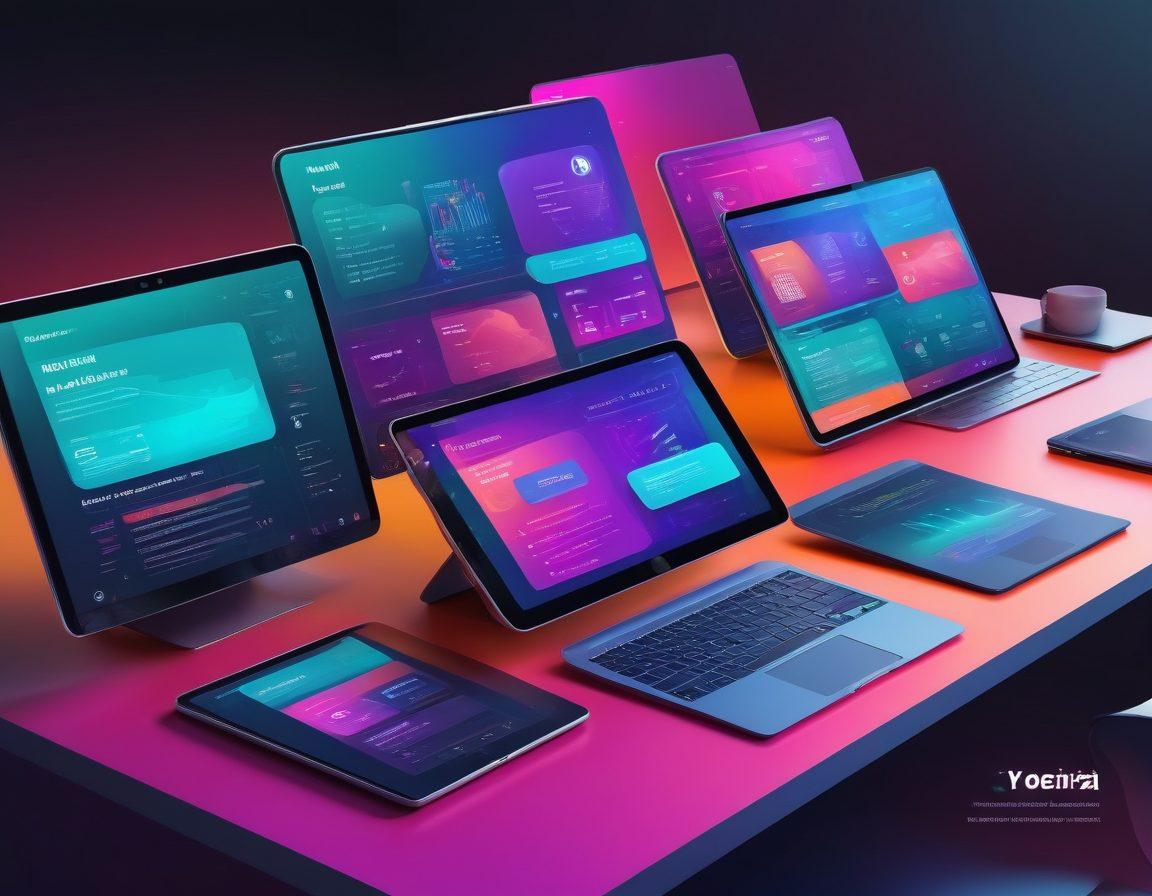 A futuristic digital workspace showcasing an array of devices including smartphones, tablets, and laptops, all displaying sleek, modern UI/UX designs. These designs should be highly interactive with intuitive layouts, vibrant colors, and responsive elements. The background should feature abstract tech elements to convey cutting-edge innovation. super-realistic. vibrant colors. high-tech aesthetic.